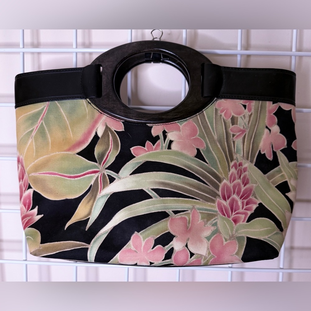 Fossil Black and Pink Floral Tote with Wooden Handle